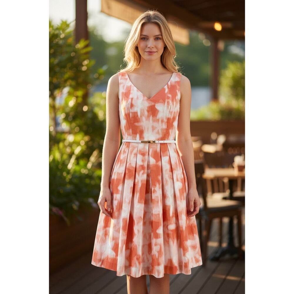 NWT Calvin Klein Size 10 Orange White Floral Pleated Belted Sleeveless Dress - Picture 2 of 9
